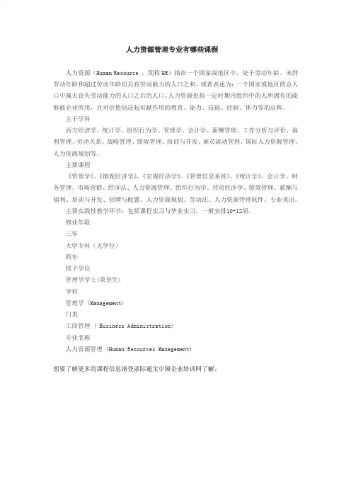 人力资源管理专业有哪些课程