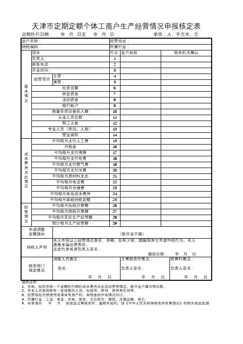 天津市定期定额个体工商户生产经营情况申报核定表