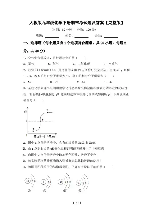 人教版九年级化学下册期末考试题及答案【完整版】