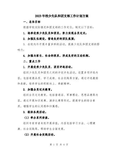 2023年校少先队和团支部工作计划方案