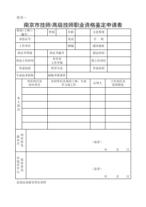 技师-高级技师职业资格鉴定申请表