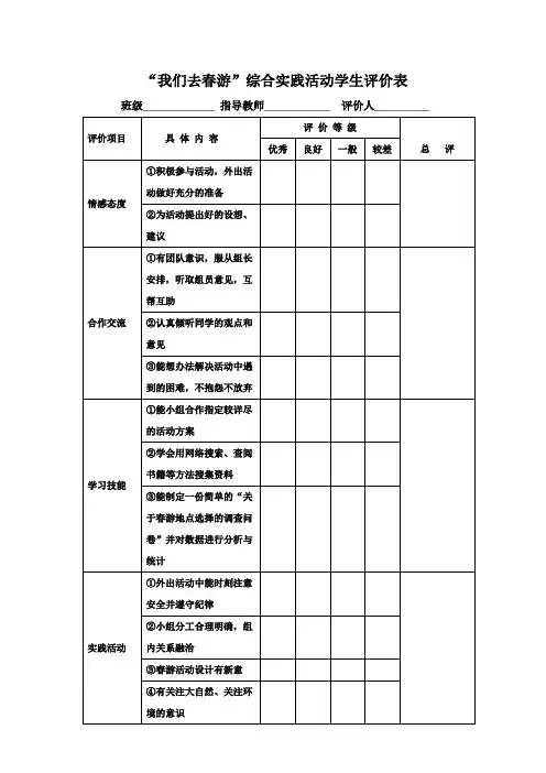 “我们去春游”综合实践活动学生评价表