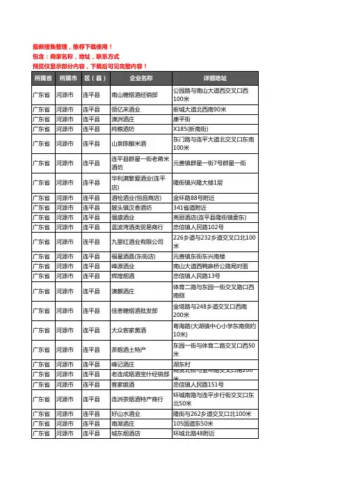 新版广东省河源市连平县酒水批发企业公司商家户名录单联系方式地址大全121家