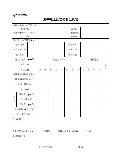 路基填土压实检测记录表 Q／CSG表BJ2-152
