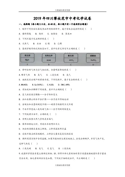 2019年四川攀枝花市中考化学试卷