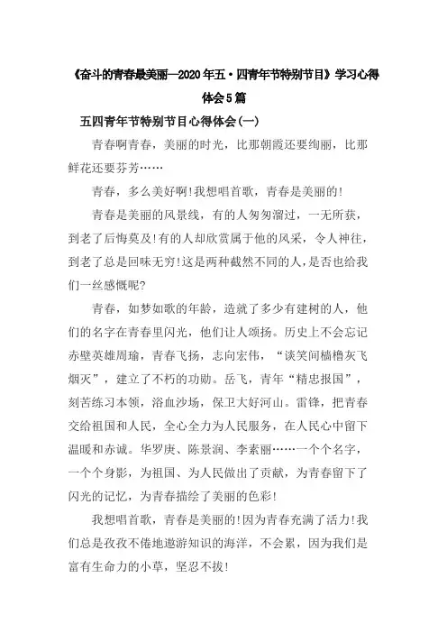 《奋斗的青春最美丽—2020年五·四青年节特别节目》学习心得体会5篇