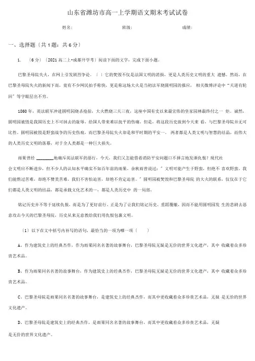 山东省潍坊市高一上学期语文期末考试试卷