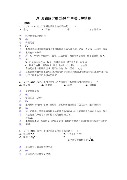 湖北省咸宁市2020年中考化学试题(word版,含解析)