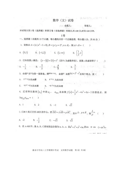 河北省衡水中学2021届高三上学期期中考试文科数学试题及参考答案