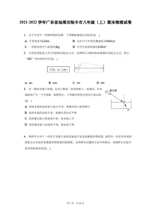 2021-2022学年广东省汕尾市陆丰市八年级(上)期末物理试题及答案解析
