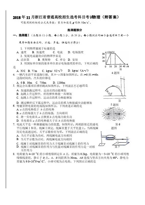 2018年11月浙江省普通高校招生选考科目考试物理（附答案）