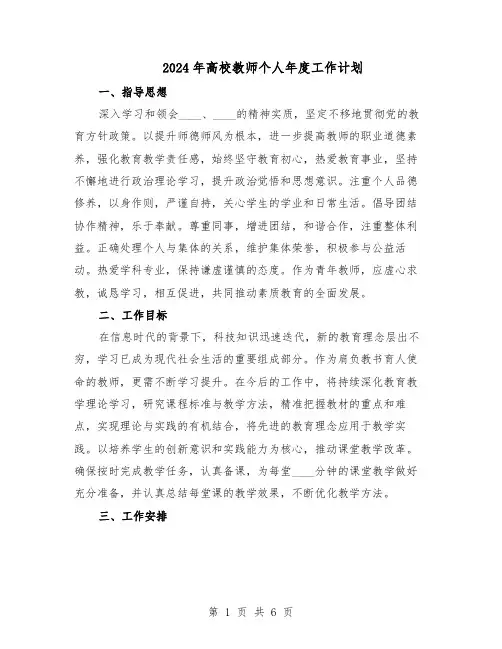 2024年高校教师个人年度工作计划（三篇）