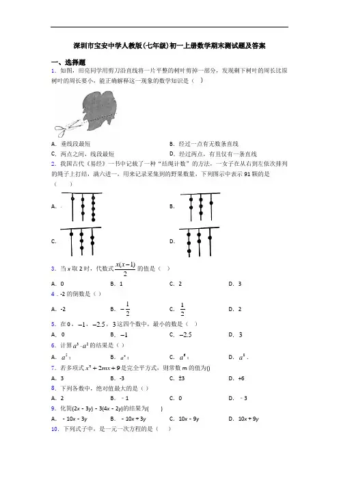 深圳市宝安中学人教版(七年级)初一上册数学期末测试题及答案