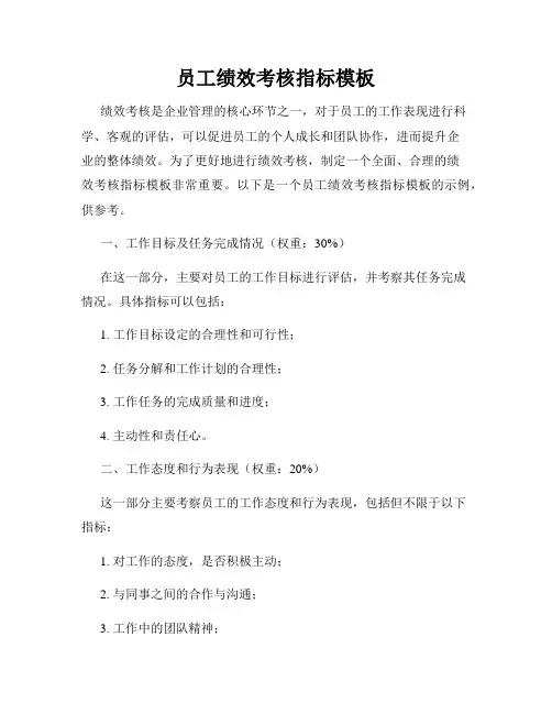 员工绩效考核指标模板