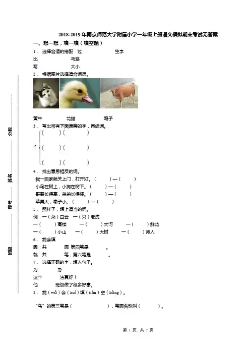 2018-2019年南京师范大学附属小学一年级上册语文模拟期末考试无答案