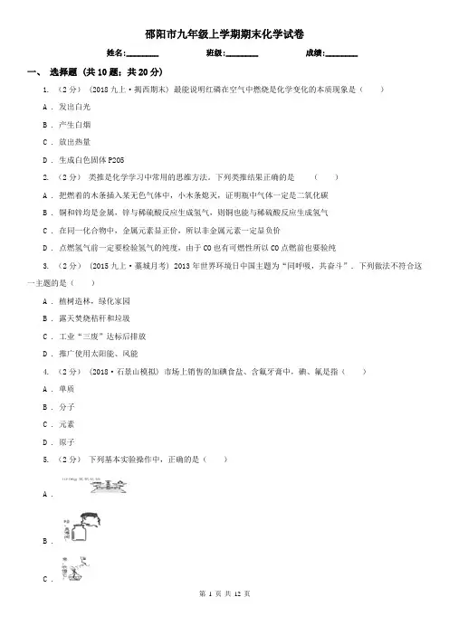 邵阳市九年级上学期期末化学试卷