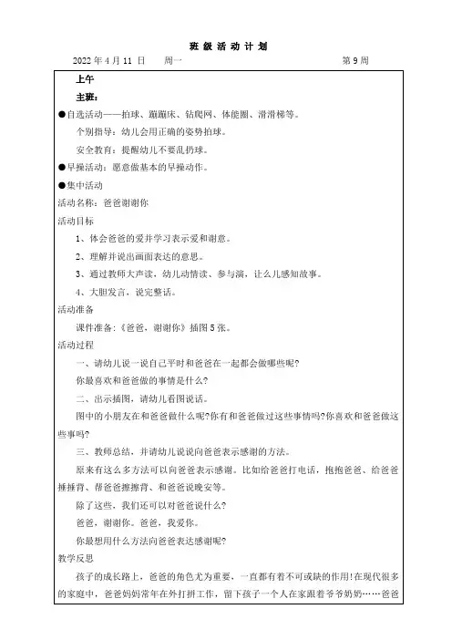 幼儿园小班班级逐日计划教案第9周