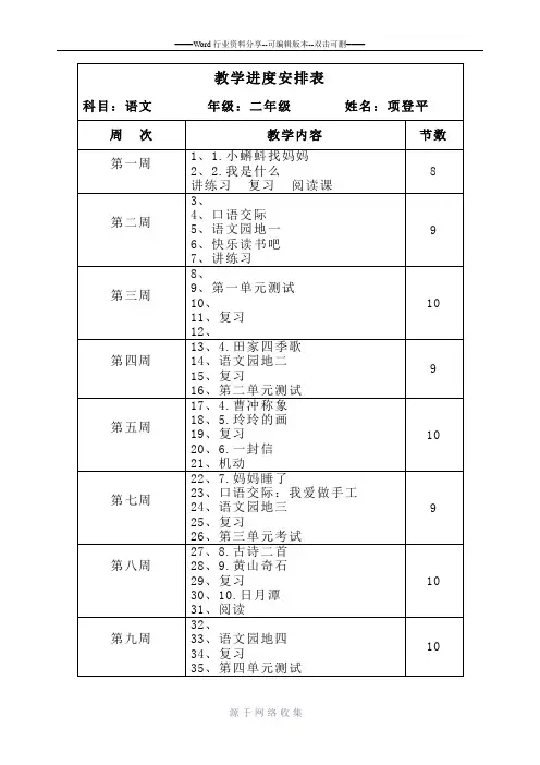 最新新版部编二年级上语文教学进度安排表