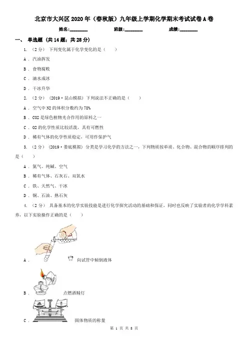 北京市大兴区2020年(春秋版)九年级上学期化学期末考试试卷A卷