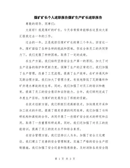 煤矿矿长个人述职报告煤矿生产矿长述职报告
