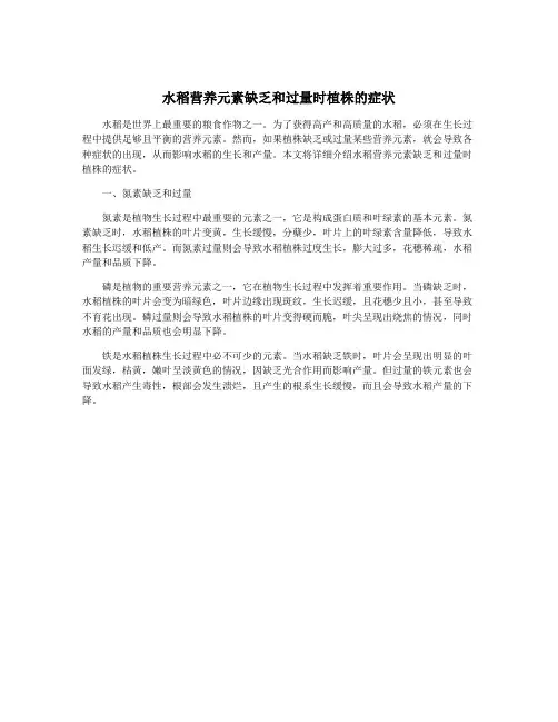 水稻营养元素缺乏和过量时植株的症状