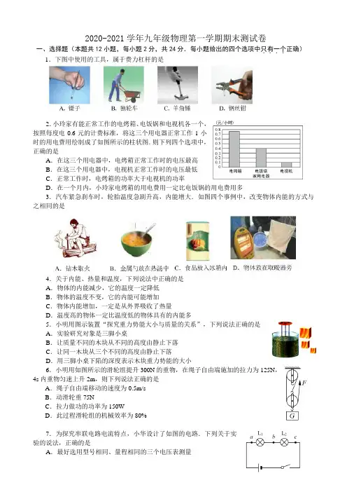 2020-2021学年苏科版九年级物理第一学期期末测试卷(含答案)