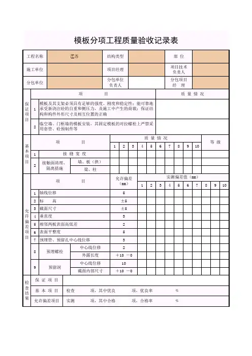 模板分项工程质量验收记录表