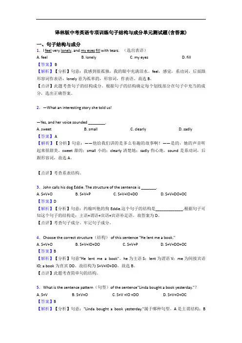 译林版中考英语专项训练句子结构与成分单元测试题(含答案)