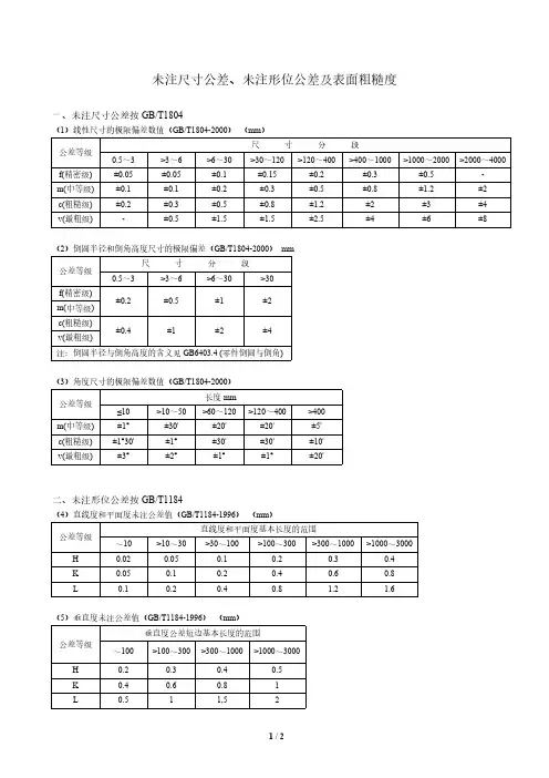 未注尺寸公差、未注形位公差及表面粗糙度