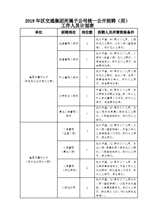2019年区交通集团所属子公司统一公开招聘(用)工作人员计划表.doc