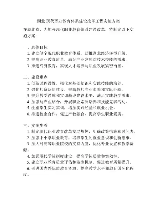 湖北 现代职业教育体系建设改革工程实施方案