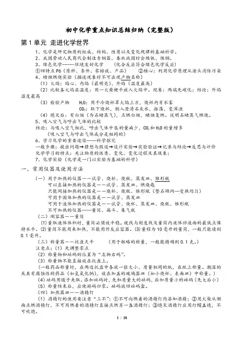 初三化学重点知识点总结归纳(完整版)