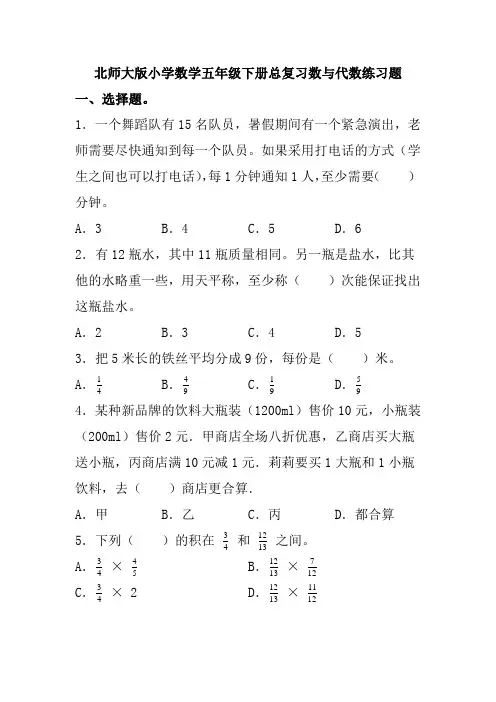 北师大版小学数学五年级下册总复习数与代数练习题