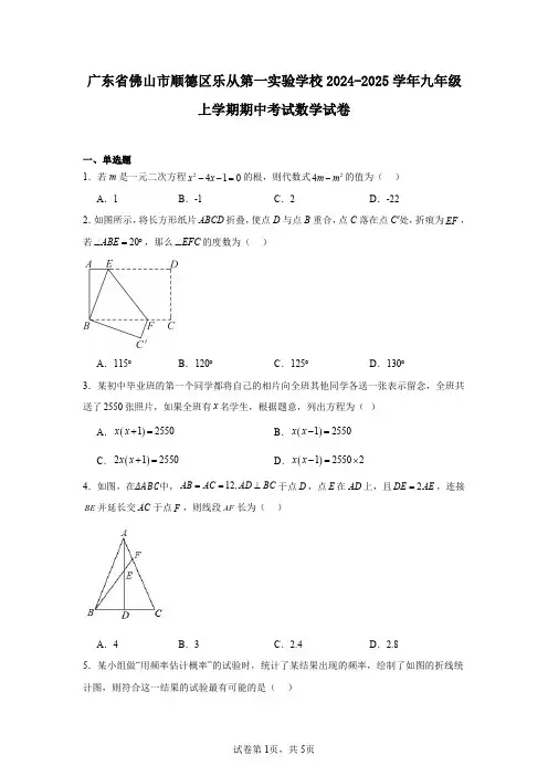 广东省佛山市顺德区乐从第一实验学校2024-2025学年九年级上学期期中考试数学试卷