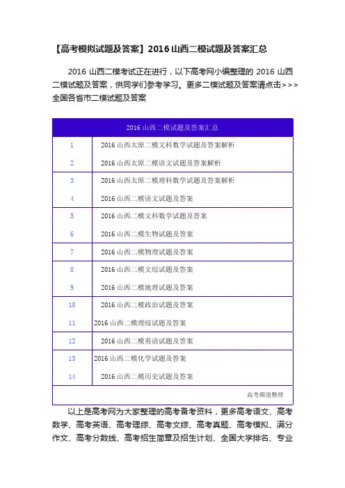 【高考模拟试题及答案】2016山西二模试题及答案汇总