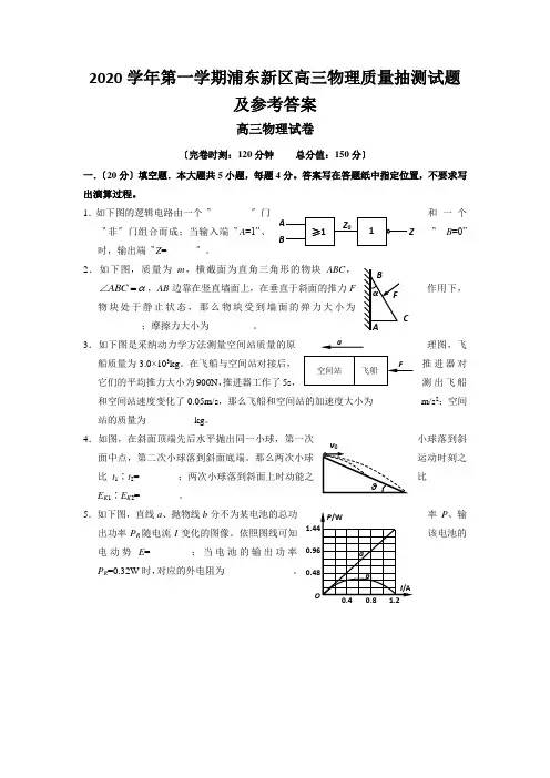 2020学年第一学期浦东新区高三物理质量抽测试题及参考答案