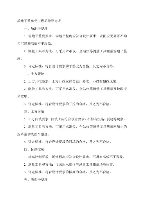 场地平整单元工程质量评定表