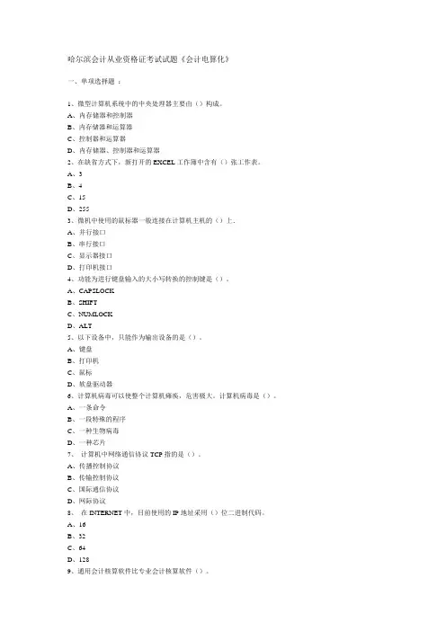 哈尔滨会计从业资格证考试试题《会计电算化》