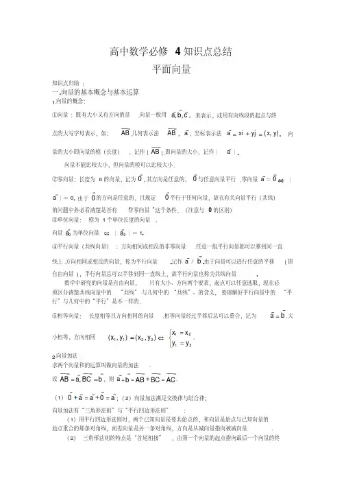 高中数学必修4平面向量知识点总结
