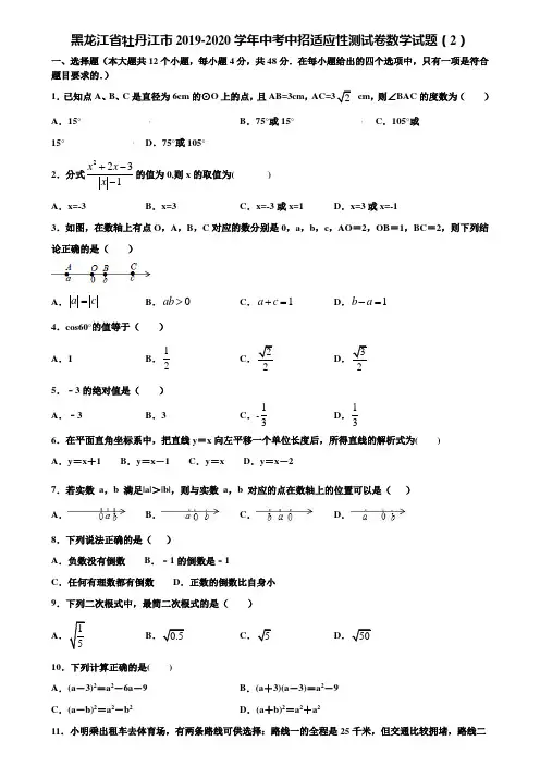 黑龙江省牡丹江市2019-2020学年中考中招适应性测试卷数学试题(2)含解析