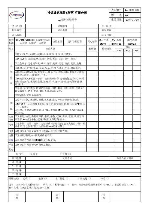 IQC进料检验报告