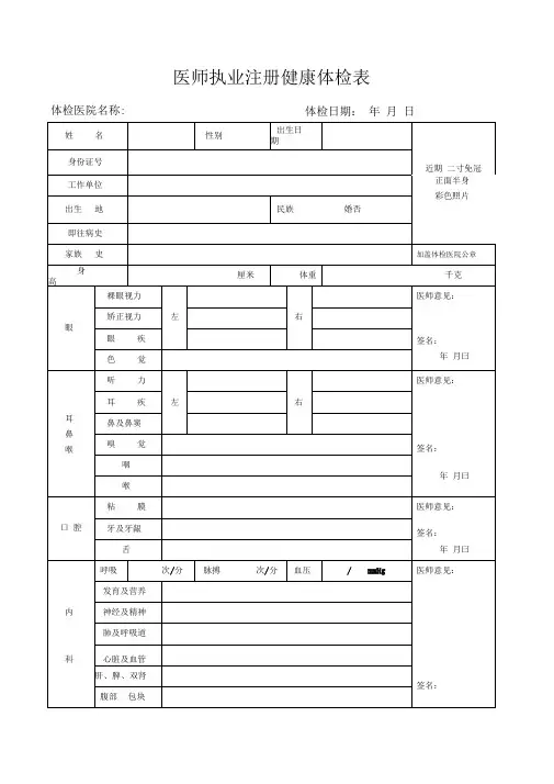 医师执业注册健康体检表(2018新版)