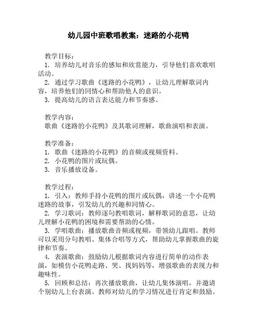 幼儿园中班歌唱教案：迷路的小花鸭