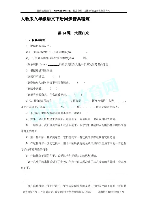 《 大雁归来》同步练习(全新权威精品资料)