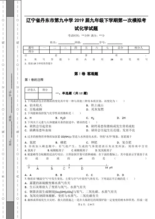 _辽宁省丹东市第九中学2019届九年级下学期第一次模拟考试化学试题(含答案)