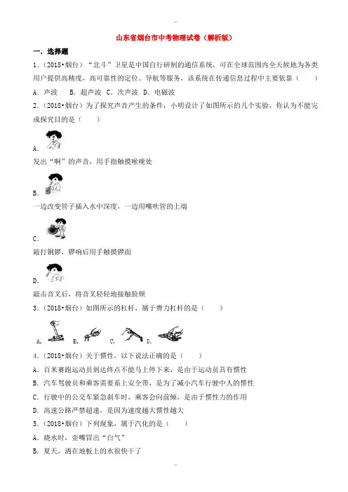 2019-2020学年山东省烟台市中考物理模拟试题(有标准答案)(word版)