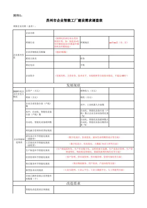 企业智能工厂建设需求调查表