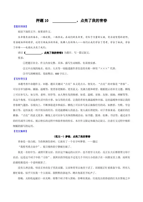 押题10 ________,点亮了我的青春-备战2022年中考语文考场作文押题预测范文引领
