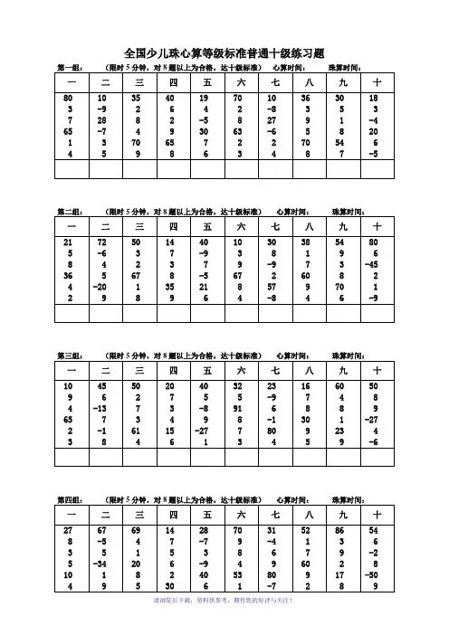 全国少儿珠心算等级标准普通十级练习题