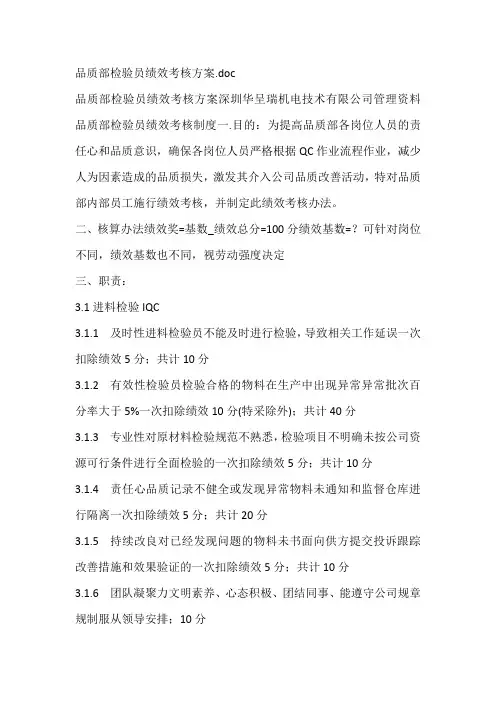 品质部检验员绩效考核方案